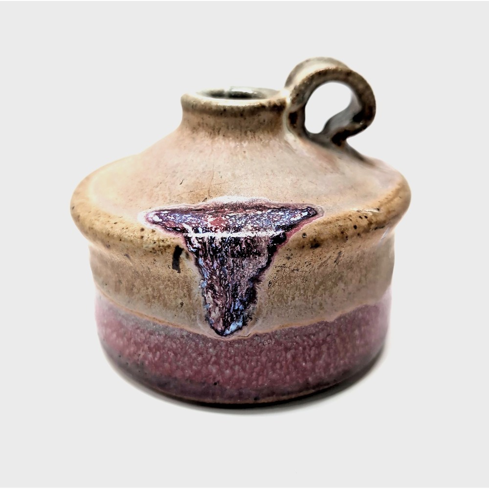 Studio Pottery Miniature Vase Jug Loop‎ Handle Purple Drip Glaze Hand Thrown
